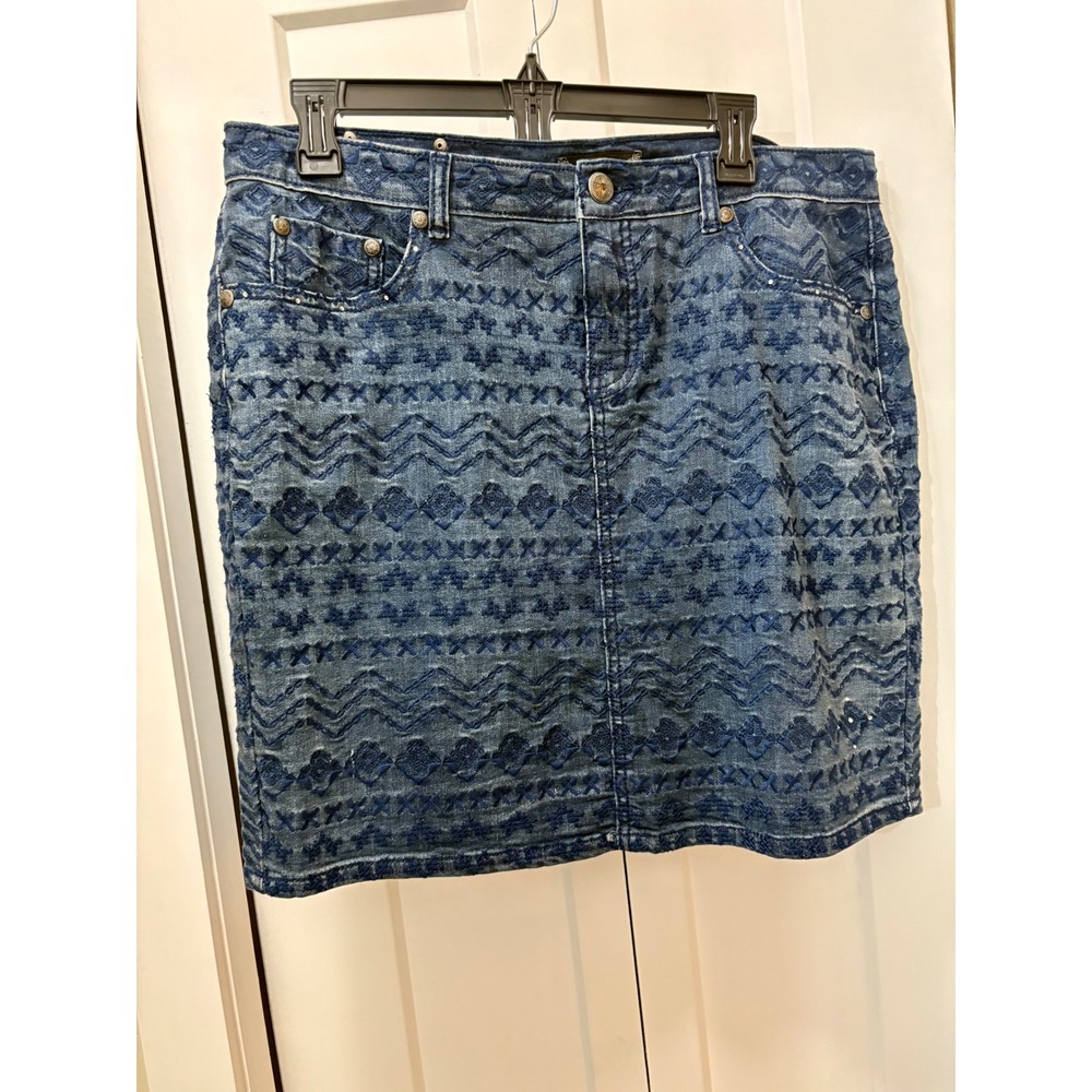 Tru Luxe Sue Who? Originals Embroidered Denim Mini Skirt Blue Western Boho 18.5W